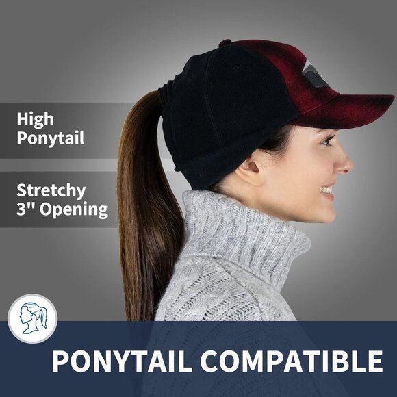 〽️Women’s Red Plaid W/Logo Winter Ponytail Trucker Hat with DropDown Ear Warmers main image 4
